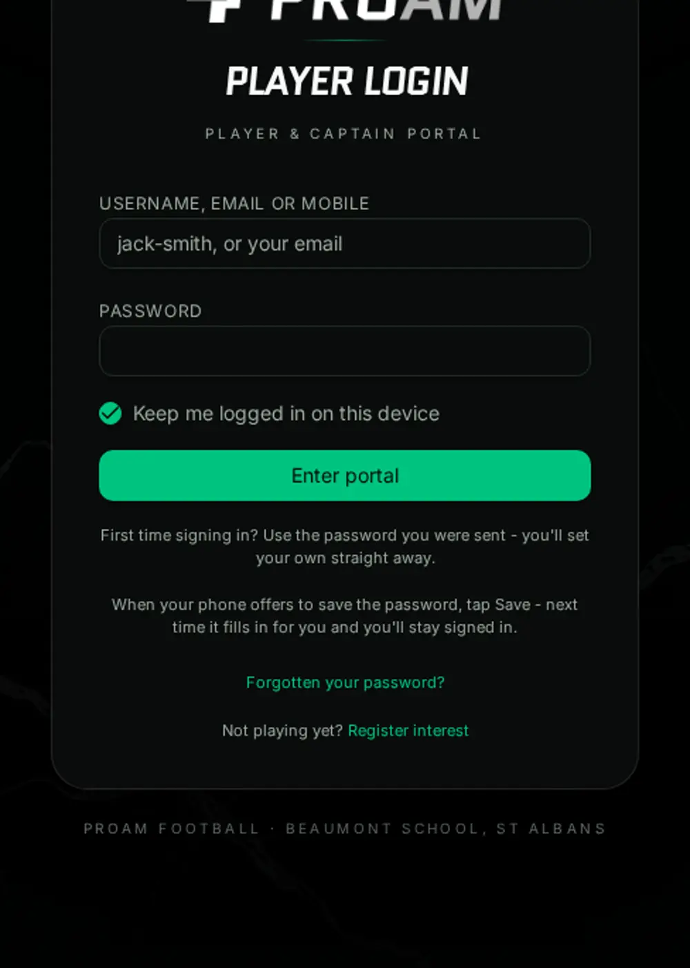 ProAm player login form showing the login fields and password help