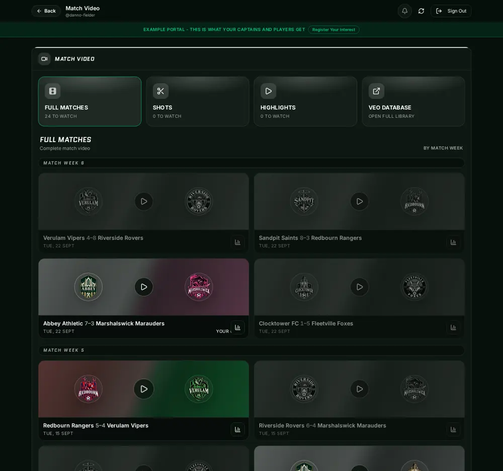Example portal Match Video screen with its four video categories